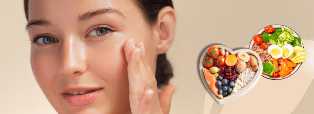 Mulher passando os dedos na pele com elementos referentes à alimentação ao lado