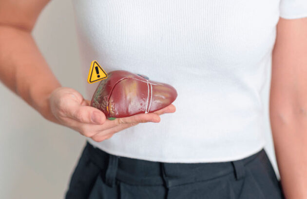 Mulher segurando um fígado