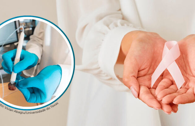 Mulher segurando uma fita rosa, representando câncer