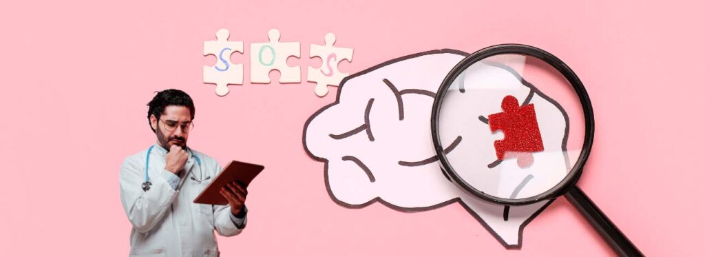 Médico analisando prancheta com desenho de um cérebro ao fundo