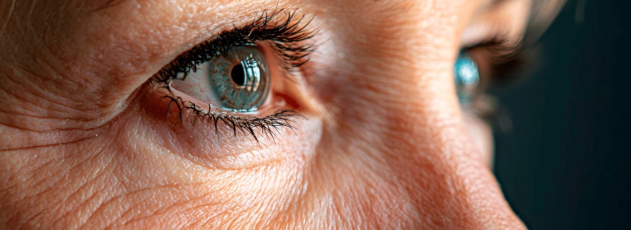 Olho claro em foco com a pele com linhas de expressão e rugas