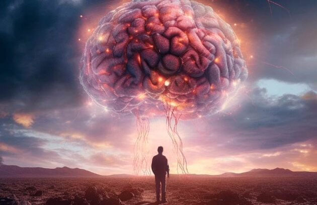 Homem em frente à representação de um cérebro