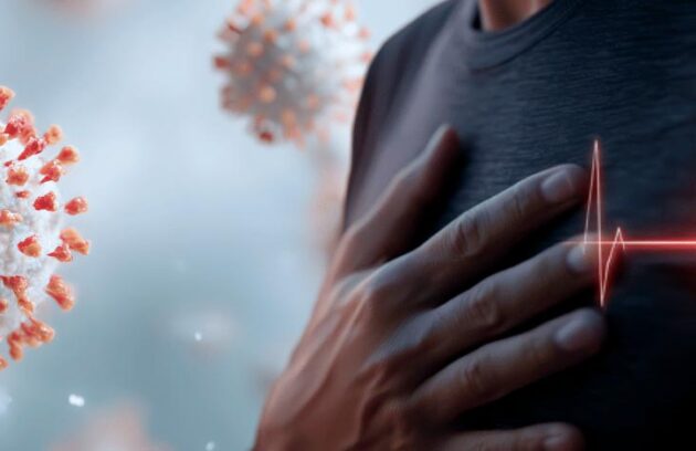 Pessoa com a mão no peito juntamente com a representação de infecções virais