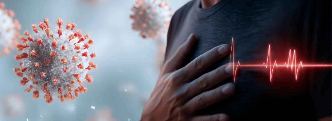 Pessoa com a mão no peito juntamente com a representação de infecções virais