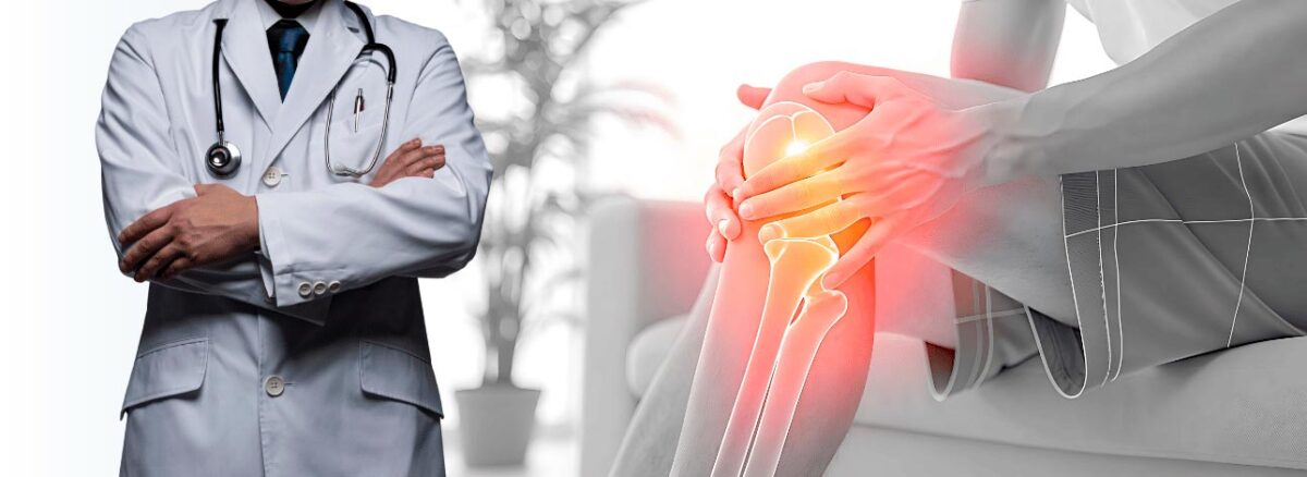 Figura de um médico ao lado de um joelho com osteoartrite