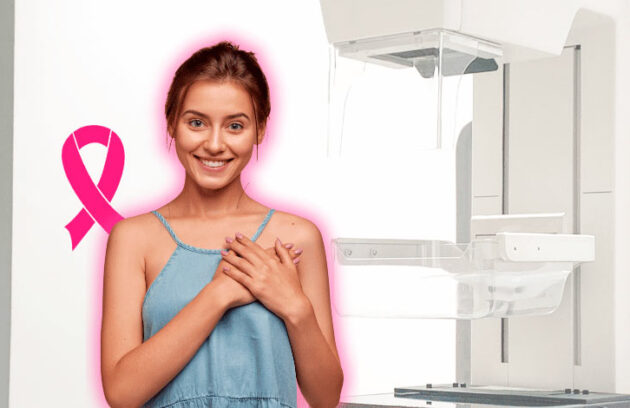 Imagem de uma mulher com as mãos no peito e uma mamografia ao fundo