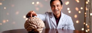 Médico sentado à mesa com um cérebro