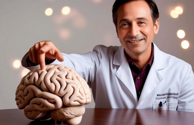 Médico sentado à mesa com um cérebro