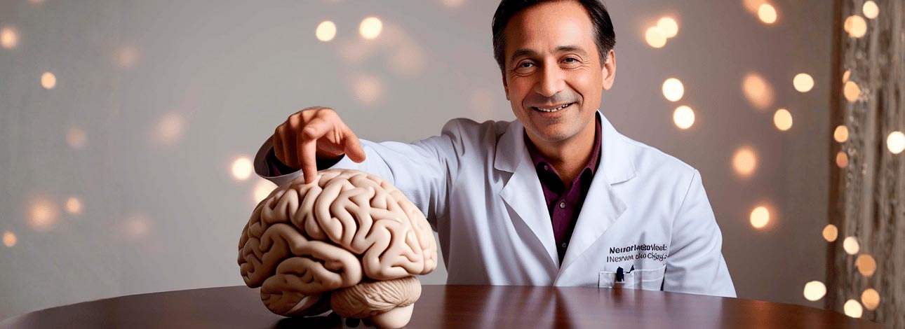 Médico sentado à mesa com um cérebro