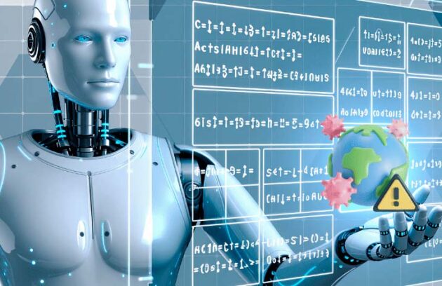 Robô de inteligência artificial mexendo em um painel interativo