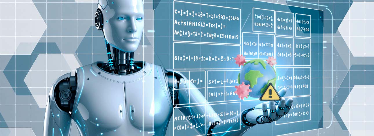 Robô de inteligência artificial mexendo em um painel interativo