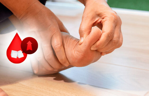 Pessoa com a mão no pé, indicando dor ou incômodo