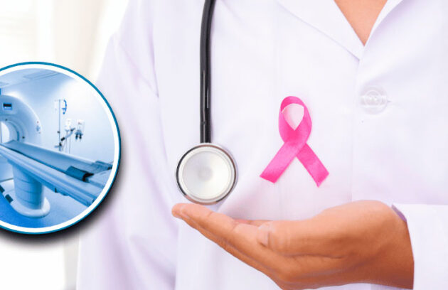 Médico com estetoscópio e uma fita rosa