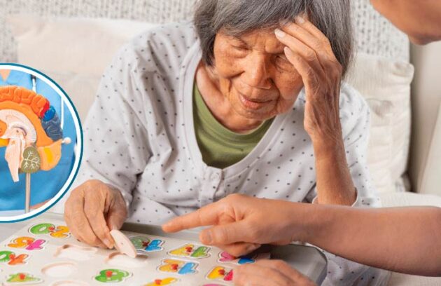 Paciente idosa com alzheimer exercitando a memória