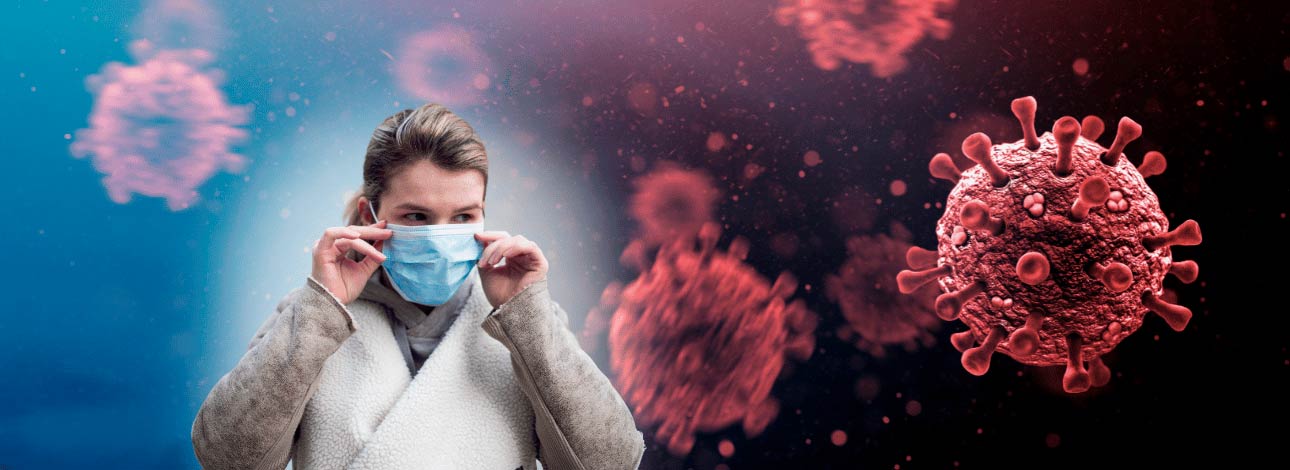 Conceito do vírus da Covid-19 ao fundo com uma mulher usando máscara de proteção