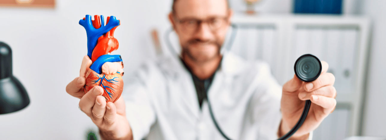 Médico cardiologista segurando um coração e um estetoscópio, fazendo relação ao exame MAPA 24h