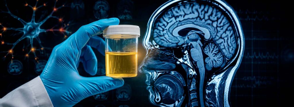 Mão de médico segurando frasco de urina com uma imagem cerebral ao fundo
