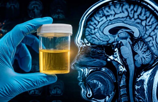 Mão de médico segurando frasco de urina com uma imagem cerebral ao fundo