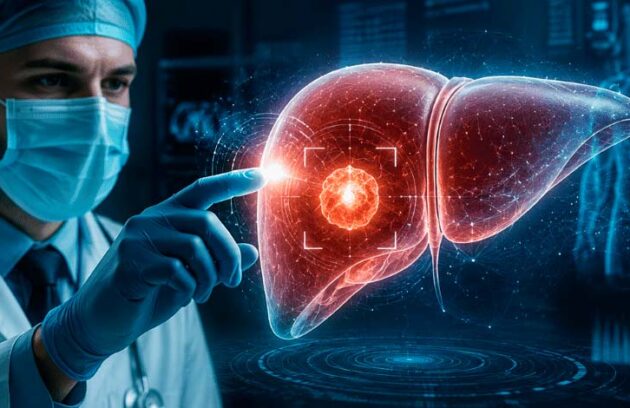 Médico em cenário tecnológico da medicina apontando câncer no fígado