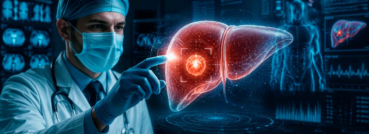 Médico em cenário tecnológico da medicina apontando câncer no fígado