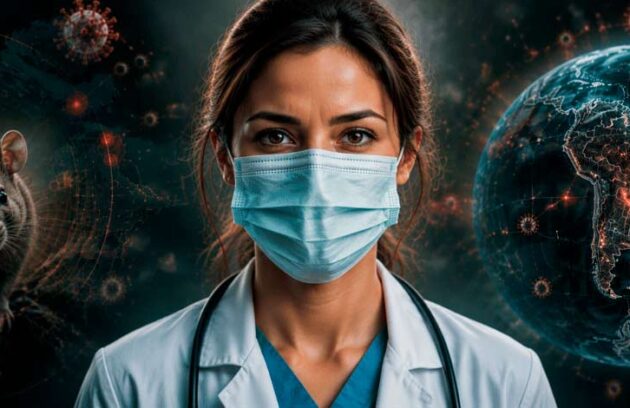 Médica ao centro utilizando máscara com um roedor ao lado e figuras de vírus e globo terrestre, representando pandemia de hantavírus no Brasil