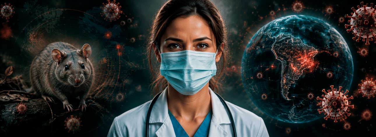 Médica ao centro utilizando máscara com um roedor ao lado e figuras de vírus e globo terrestre, representando pandemia de hantavírus no Brasil