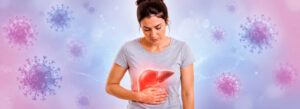Mulher com a mão na barriga em referência à hepatite