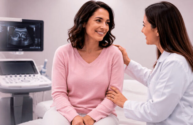 Paciente sentada ao lado de um ultrassom com uma médica