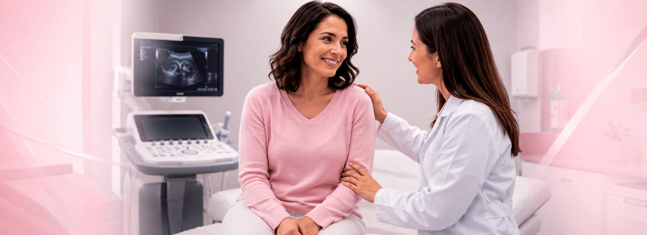 Paciente sentada ao lado de um ultrassom com uma médica