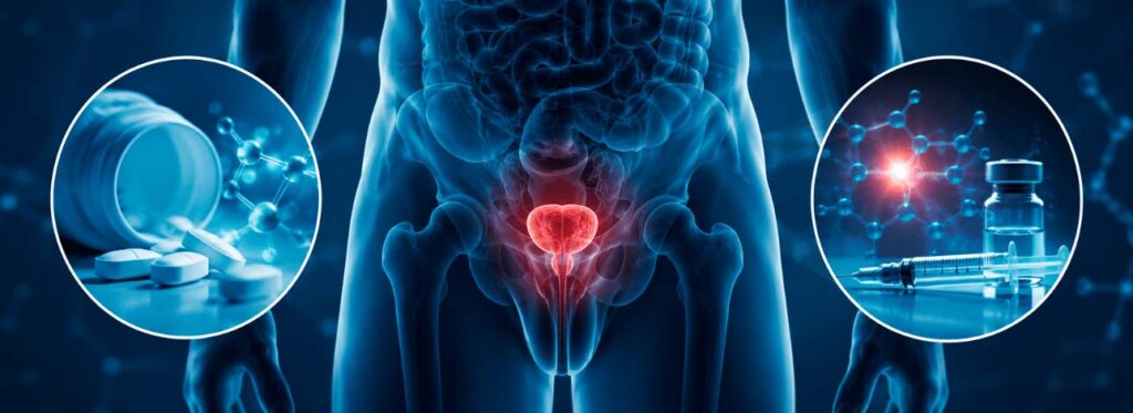 Representação da próstata ao lado de medicamentos e terapia hormonal