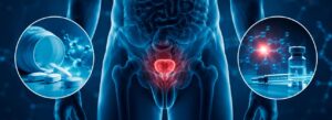 Representação da próstata ao lado de medicamentos e terapia hormonal