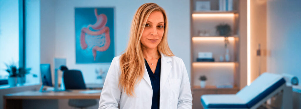 Médica Gastroenterologista, Dra. Sheila Caselli, em consultório médico