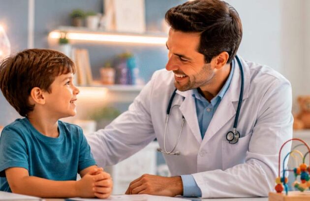 Médico Neuropediatra em consulta com uma criança