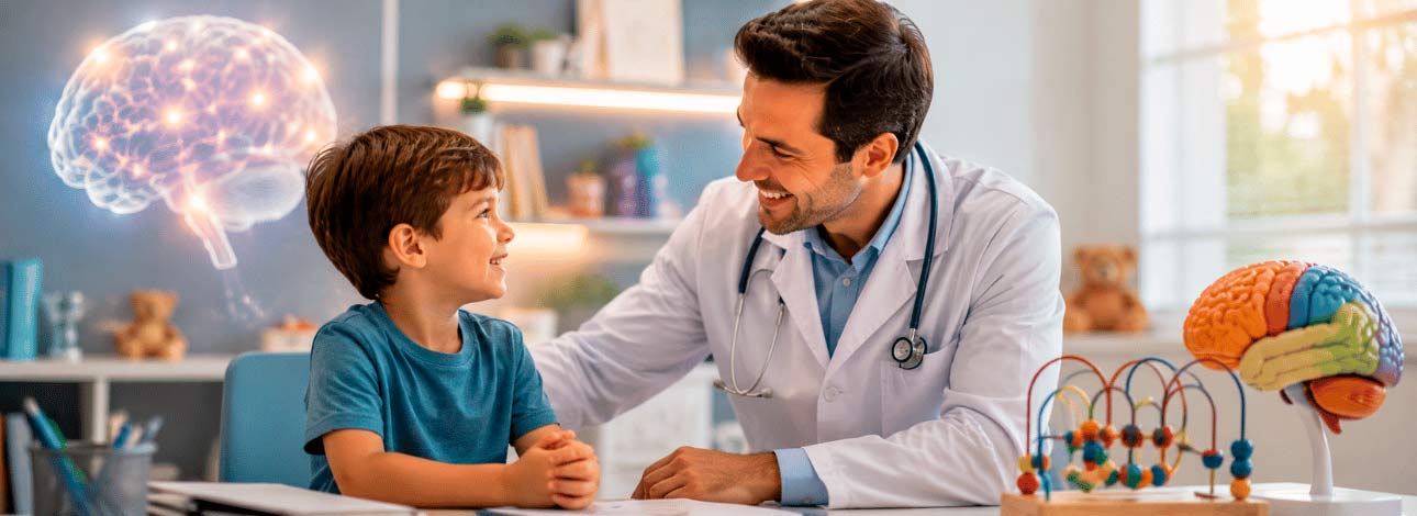 Médico Neuropediatra em consulta com uma criança