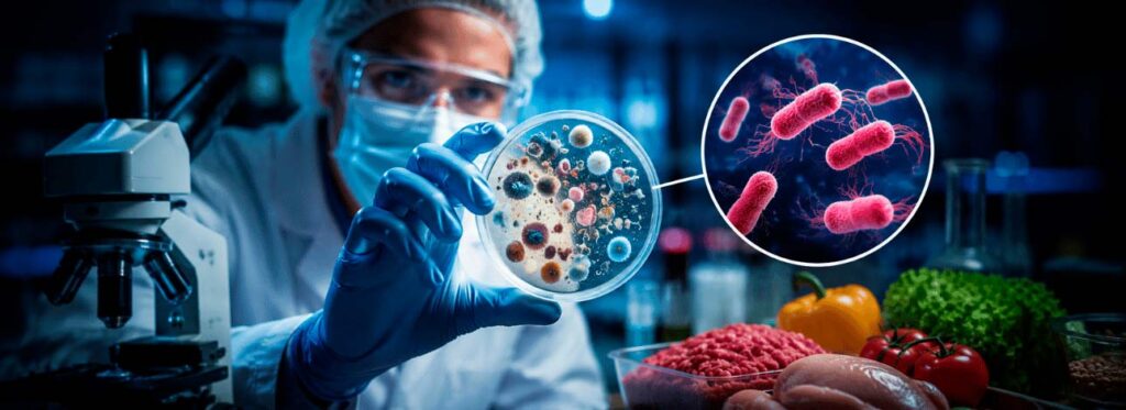 Cientista analisando toxinas em bactérias causadoras de infecções alimentares