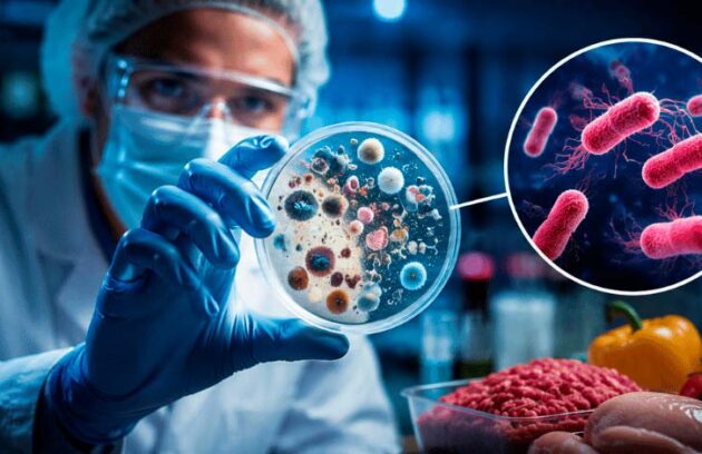 Cientista analisando toxinas em bactérias causadoras de infecções alimentares