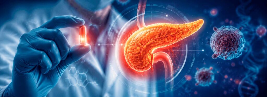 Médico segurando um pílula representando tratamento para o câncer de pâncreas