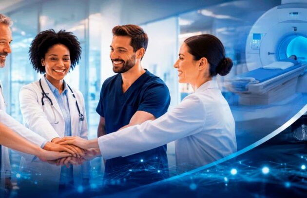 Médicos juntos com as mãos unidas