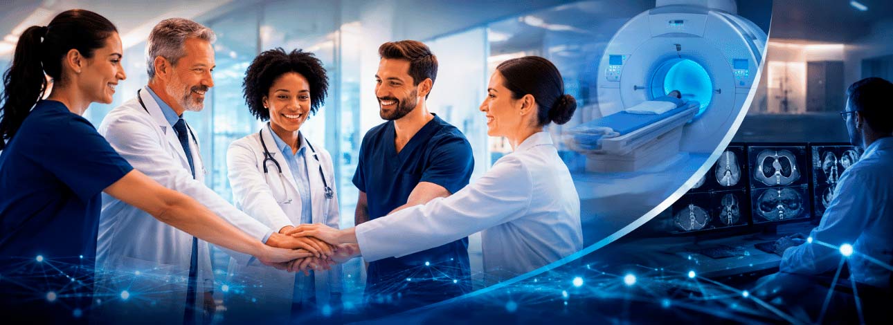 Médicos juntos com as mãos unidas