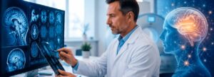 Médico analisando resultado de um exame diagnóstico cerebral