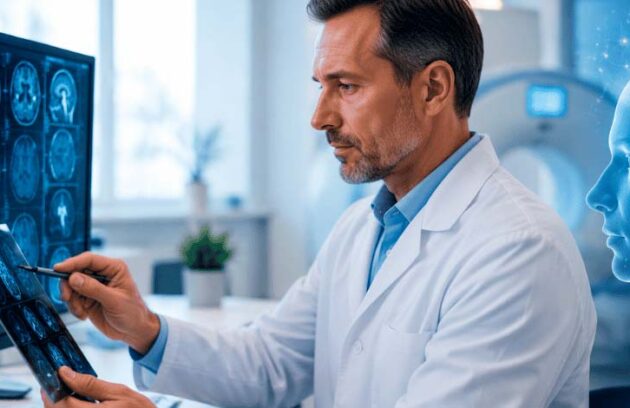 Médico analisando resultado de um exame diagnóstico cerebral