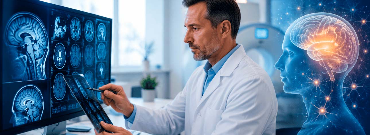 Médico analisando resultado de um exame diagnóstico cerebral