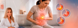 Mulher com a mão no estômago sentindo sintomas. Ao lado, a Dra. Sheila, Gastroenterologista da SPX Clínica