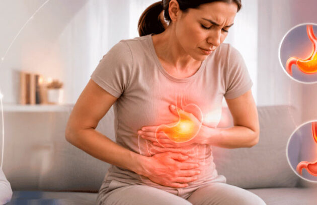 Mulher com a mão no estômago sentindo sintomas. Ao lado, a Dra. Sheila, Gastroenterologista da SPX Clínica
