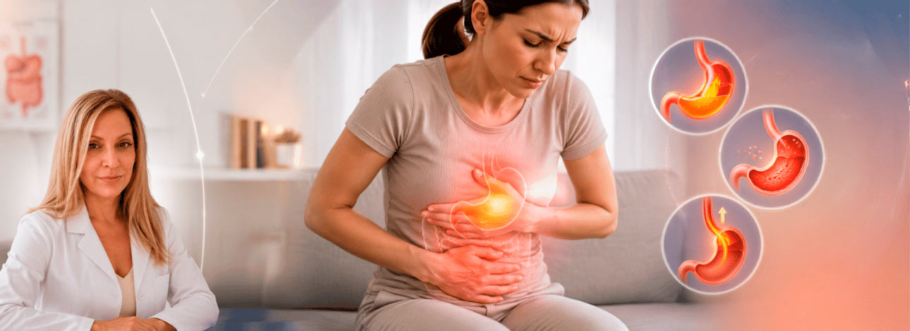 Mulher com a mão no estômago sentindo sintomas. Ao lado, a Dra. Sheila, Gastroenterologista da SPX Clínica