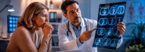 Médico mostrando resultado de um exame à sua paciente