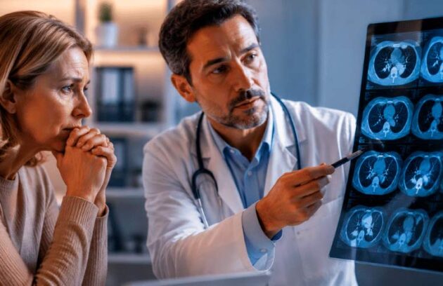 Médico mostrando resultado de um exame à sua paciente