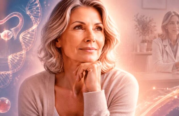 Mulher com a mão no queixo em período de menopausa