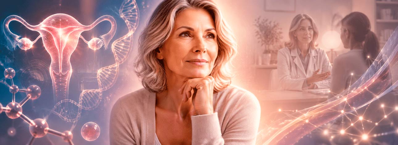 Mulher com a mão no queixo em período de menopausa