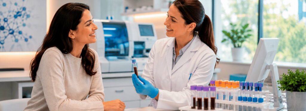 Paciente sorrindo com uma médica após realizar exame laboratorial